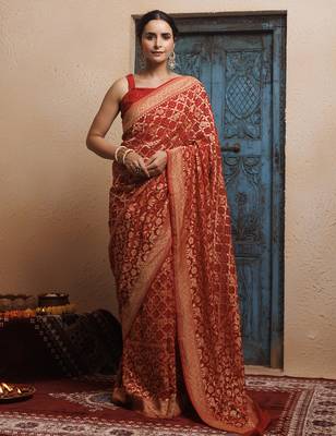 Red pure georgette zari woven gharchola bandhani saree 1