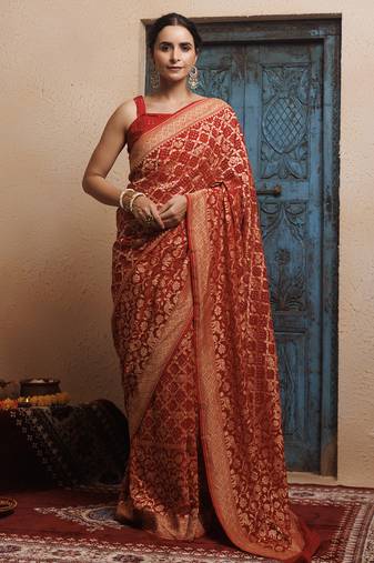 Red pure georgette zari woven gharchola bandhani saree