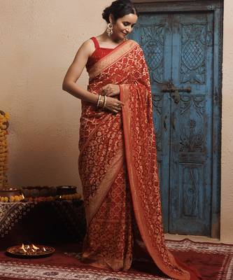 Red pure georgette zari woven gharchola bandhani saree 2