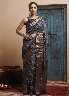 Grey blue bandhani zari woven silk saree 1