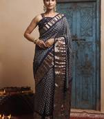 Grey blue bandhani zari woven silk saree