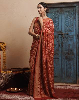 Red pure georgette zari woven gharchola bandhani saree 3