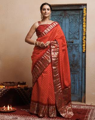 Maroon orange zari woven bandhani silk saree 1