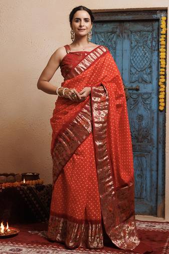 Maroon orange zari woven bandhani silk saree