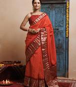 Maroon orange zari woven bandhani silk saree