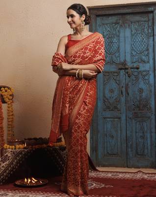 Red pure georgette zari woven gharchola bandhani saree 4