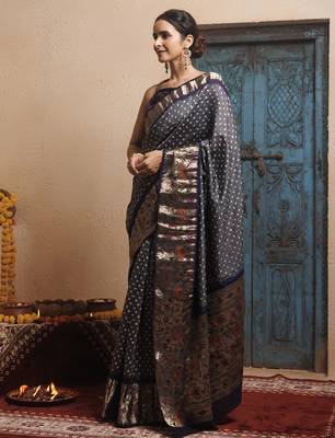 Grey blue bandhani zari woven silk saree 3