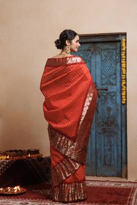 Maroon orange zari woven bandhani silk saree 2