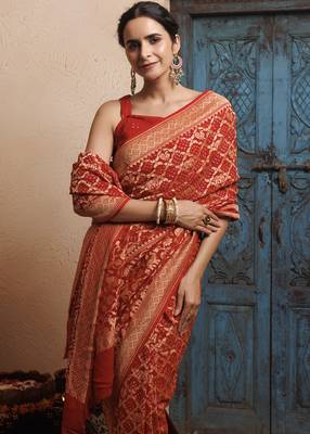 Red pure georgette zari woven gharchola bandhani saree 5