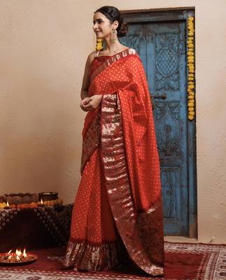 Maroon orange zari woven bandhani silk saree 3