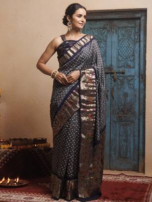 Grey blue bandhani zari woven silk saree 5