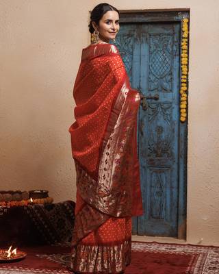 Maroon orange zari woven bandhani silk saree 4
