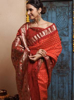 Maroon orange zari woven bandhani silk saree 5