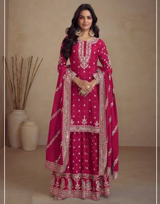 Pink Embroidered vichitra Palazzo suit 1