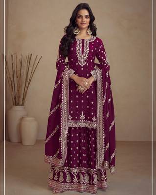 Wine Embroidered vichitra Palazzo suit 1