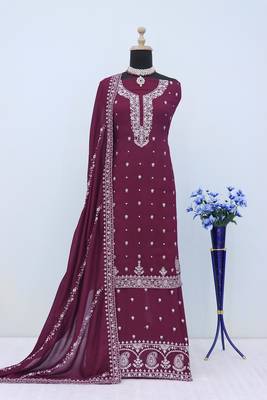 Wine Embroidered vichitra Palazzo suit 3