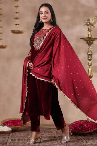 Stunning Maroon Velvet Embroidery Salwar Suit Set Kurta Pant with Dupatta