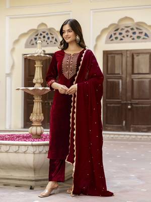 Stunning Maroon Velvet Embroidery Salwar Suit Set Kurta Pant with Dupatta 1