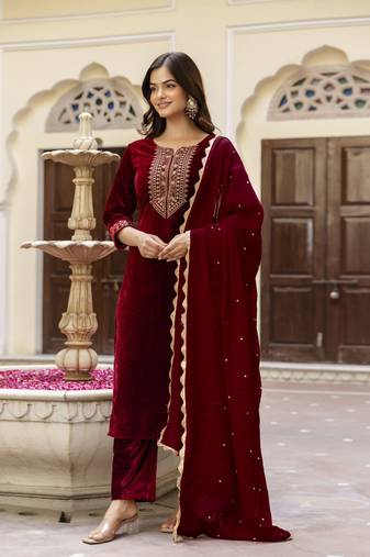 Stunning Maroon Velvet Embroidery Salwar Suit Set Kurta Pant with Dupatta