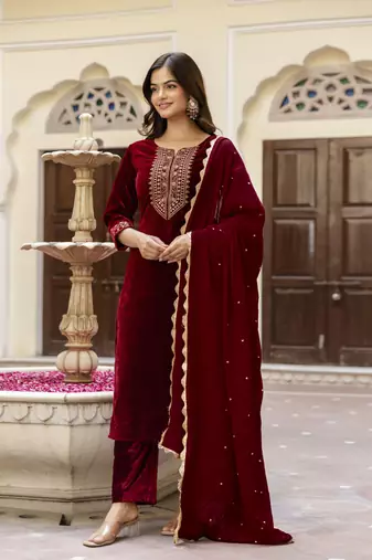 Stunning Maroon Velvet Embroidery Salwar Suit Set Kurta Pant with Dupatta