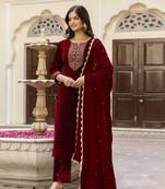 Trendmalls Stunning Maroon Velvet Embroidery Salwar Suit Set Kurta Pant with Dupatta