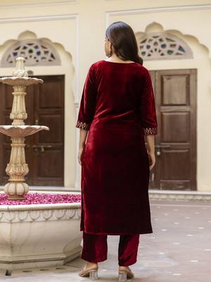 Stunning Maroon Velvet Embroidery Salwar Suit Set Kurta Pant with Dupatta 3