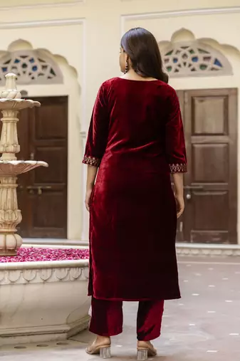 Trendmalls Stunning Maroon Velvet Embroidery Salwar Suit Set Kurta Pant with Dupatta