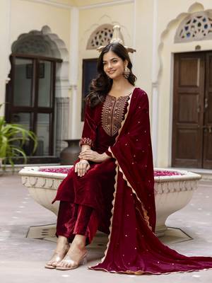 Stunning Maroon Velvet Embroidery Salwar Suit Set Kurta Pant with Dupatta 4