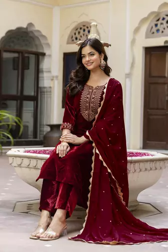 Trendmalls Stunning Maroon Velvet Embroidery Salwar Suit Set Kurta Pant with Dupatta
