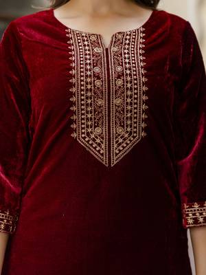 Stunning Maroon Velvet Embroidery Salwar Suit Set Kurta Pant with Dupatta 5