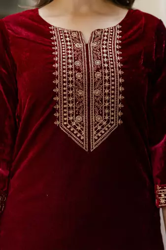Trendmalls Stunning Maroon Velvet Embroidery Salwar Suit Set Kurta Pant with Dupatta