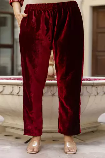 Trendmalls Stunning Maroon Velvet Embroidery Salwar Suit Set Kurta Pant with Dupatta