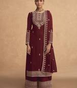 Maroon Embroidered silk Palazzo suit
