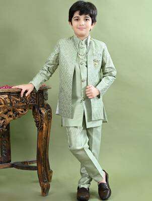 Green geometric embroidered sequined sherwani with pant & necklace set for boys 1