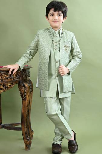 Green geometric embroidered sequined sherwani with pant & necklace set for boys