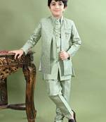 Green geometric embroidered sequined sherwani with pant & necklace set for boys