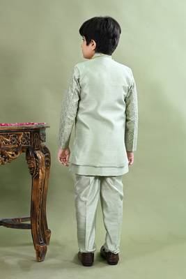 Green geometric embroidered sequined sherwani with pant & necklace set for boys 2