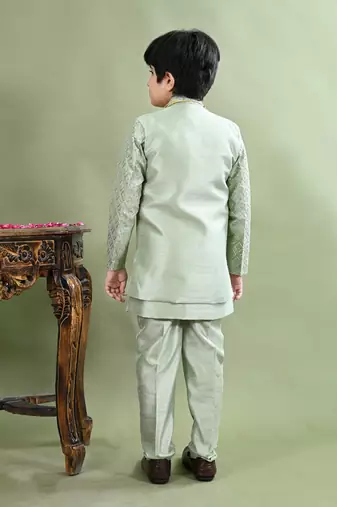 Green geometric embroidered sequined sherwani with pant & necklace set for boys