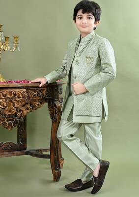 Green geometric embroidered sequined sherwani with pant & necklace set for boys 3