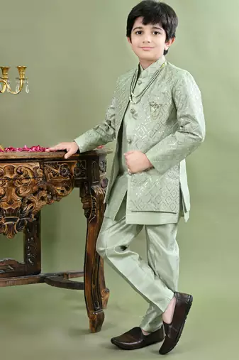 Green geometric embroidered sequined sherwani with pant & necklace set for boys