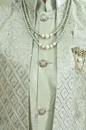 Green geometric embroidered sequined sherwani with pant & necklace set for boys