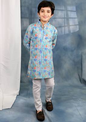 Blue crochet Jaipurian printed kurta and pyjama set For boys 1