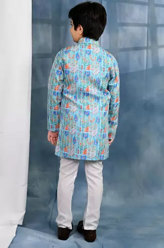 Blue crochet Jaipurian printed kurta and pyjama set For boys