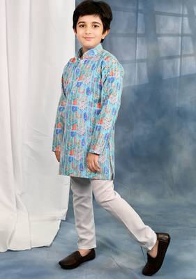 Blue crochet Jaipurian printed kurta and pyjama set For boys 3