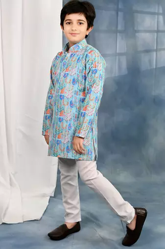 Blue crochet Jaipurian printed kurta and pyjama set For boys
