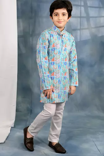 Blue crochet Jaipurian printed kurta and pyjama set For boys
