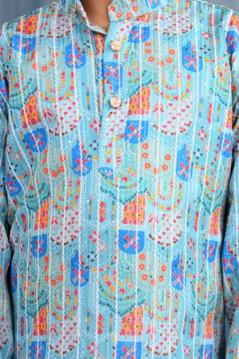 Blue crochet Jaipurian printed kurta and pyjama set For boys