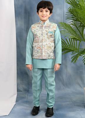 Blue solid kurta & pyjama set with threadwork embroidered waistcoat for boys 1