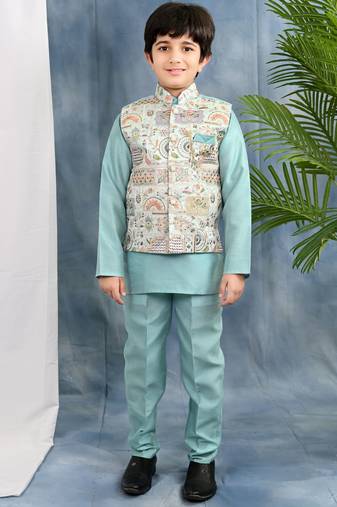 Blue solid kurta & pyjama set with threadwork embroidered waistcoat for boys