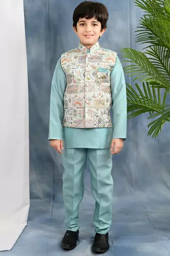 Blue solid kurta & pyjama set with threadwork embroidered waistcoat for boys